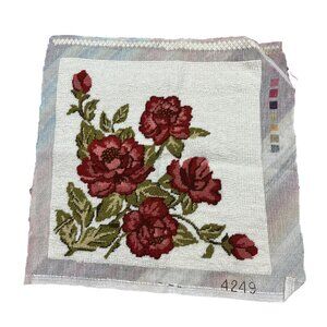 Vintage MOD Needlepoint Tapestry Canvas Red Rose Beige Pattern